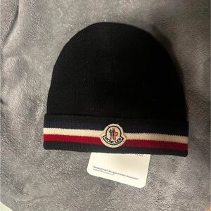 Moncler Black Beanie with Red and White Stripes
